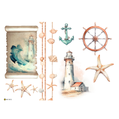 Ilustrações de farol, ondas, âncora, leme, estrelas-do-mar e conchas em cordas