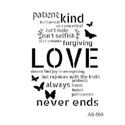 Decalque com texto em inglês sobre amor e borboletas pretas