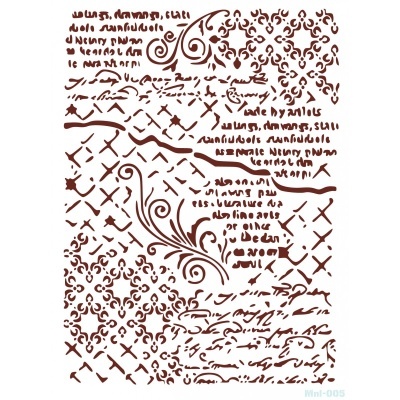 Stencil decorativo castanho com arabescos, texto e números