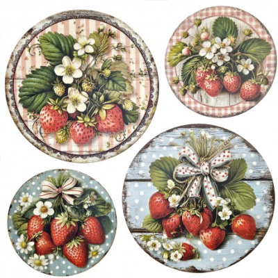 Quatro pratos decorativos redondos com estampas de morangos e flores