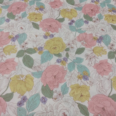 Tecido com padrão floral colorido em fundo branco