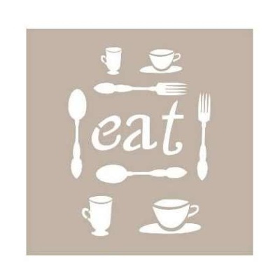 ilustrações brancas de utensílios de mesa e a palavra 'eat' com fundo bege