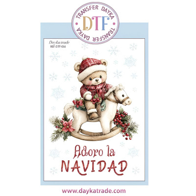 Urso de peluche com roupa vermelha em cavalo de baloiço branco decorado e texto natalício