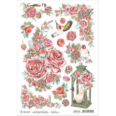 Folha decorativa A4 com rosas vermelhas, pinhas, bagas, maçãs, pássaros e candeeiro com vela.