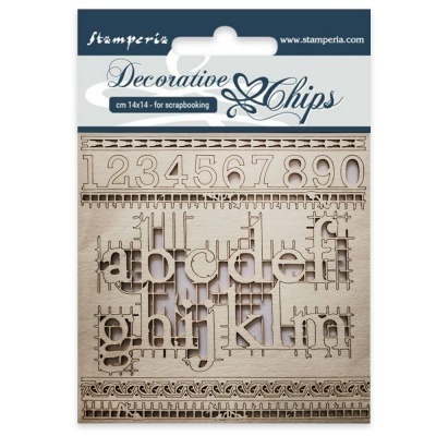 Letras e números em madeira para scrapbooking com embalagem Stamperia