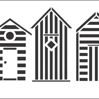 Stencil com três casas de praia estilizadas em preto e branco