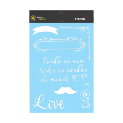 Stencil azul com desenhos e textos em branco embalado com suporte preto