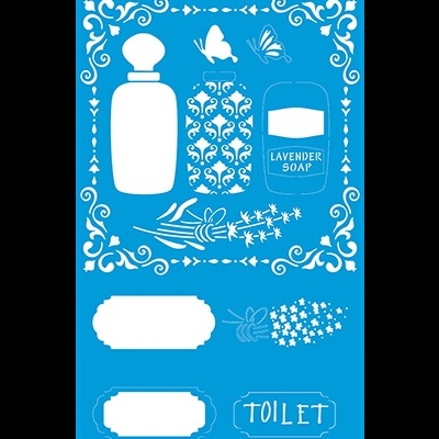 Desenhos decorativos de produtos de higiene pessoal em azul e branco com texto 'LAVENDER SOAP' e 'TOILET'.