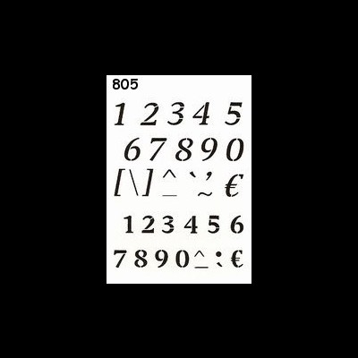 Números e símbolos tipográficos em preto sobre fundo branco com o número 805