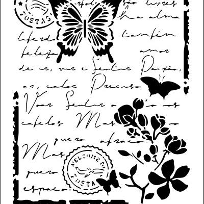Stencil decorativo com borboletas, flores, inscrições cursivas e carimbos pretos sobre fundo branco.