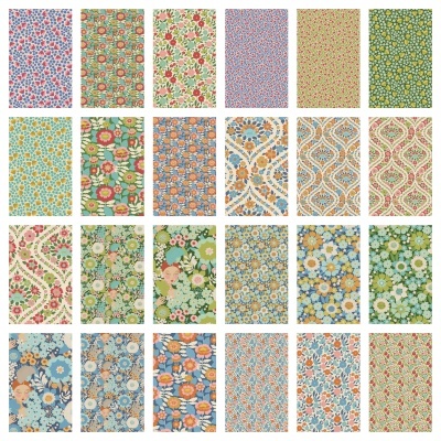 Vários padrões florais coloridos em amostras de tecido quadradas