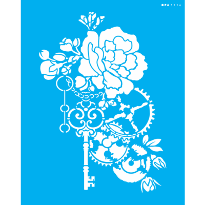 Estêncil com chave, engrenagens e flor em branco sobre fundo azul.