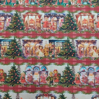 tecido natalício com árvores de Natal, crianças e vitrines coloridas