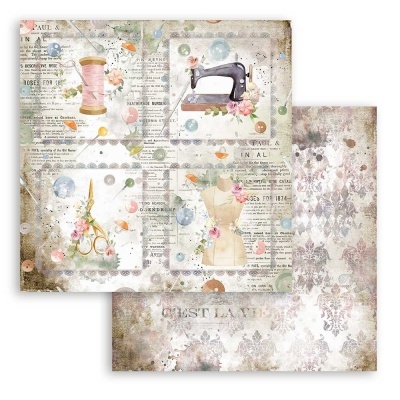 Papel decorativo com estampas vintage de costura e texturas envelhecidas