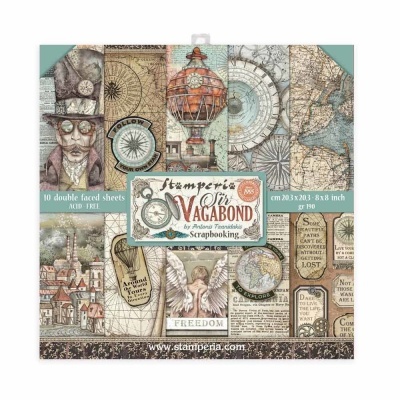 Conjunto de folhas dupla face para scrapbooking com motivos vintage, mapas e bússolas.