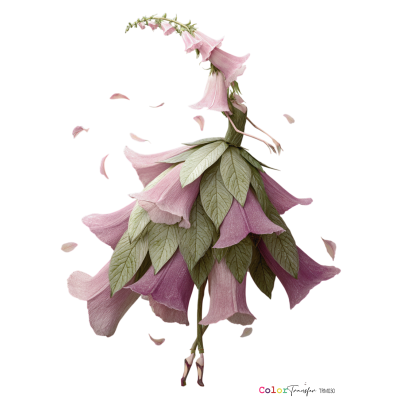 Figurino artístico de vestido feito de flores e folhas cor-de-rosa e verde