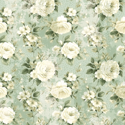 Papel de parede com padrão floral branco em fundo verde-água com textura rachada