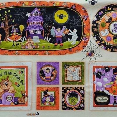 Conjunto de decoração de Halloween com personagens e texto em tecido colorido.