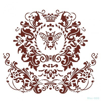 Padrão decorativo castanho com abelha coroada e arabescos em fundo branco