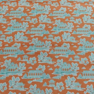 Tecido padrão casas azuis em fundo laranja