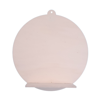 Placa redonda em madeira com apoia na base e furo para pendurar