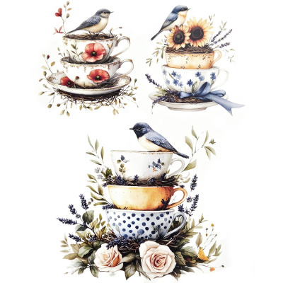 Conjuntos de chávenas de chá decoradas com flores, folhas, ninhos e pássaros em ilustração colorida.