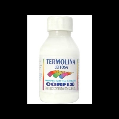 Frasco branco de plástico do produto Termolina Leitosa Corfix com etiqueta colorida e texto