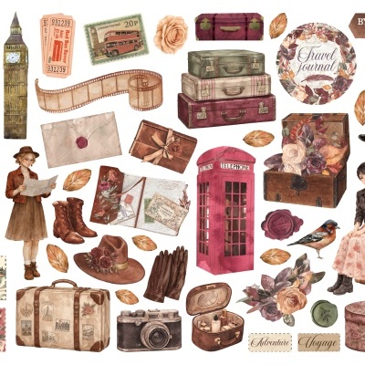 Elementos vintage de viagem como malas, cartas, selos, botas, chapéu e telefone vermelho