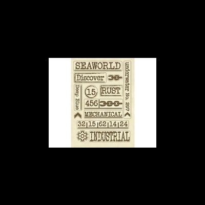 Etiqueta decorativa com texto variado e símbolos industriais em fundo bege