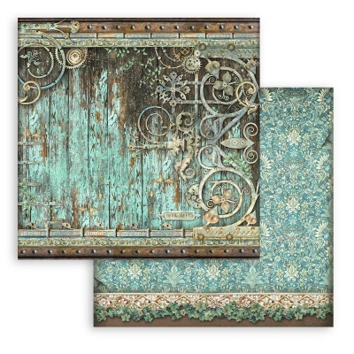 Papel decorativo com padrão rústico e floral em azul e bege