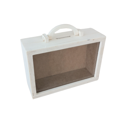 Mala de madeira branca com visor transparente e pega