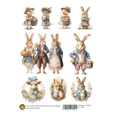 Figuras decorativas de coelhos e uma ovelha em roupas vintage coloridas com ovos e flores