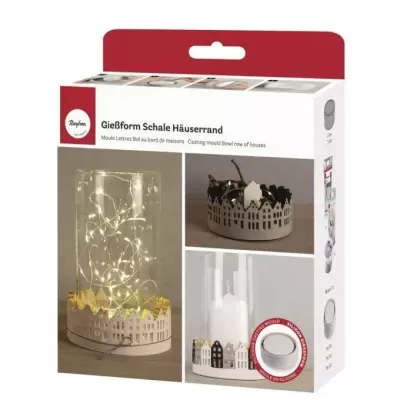 Moldes de fundição fileira de casas em metal branco para decoração com luzes e velas