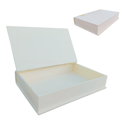 Caixa branca em forma de livro aberta e fechada com autocolantes amarelos