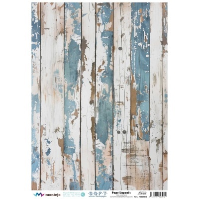 Painel decorativo de madeira envelhecida azul, branca e castanha com texto na base