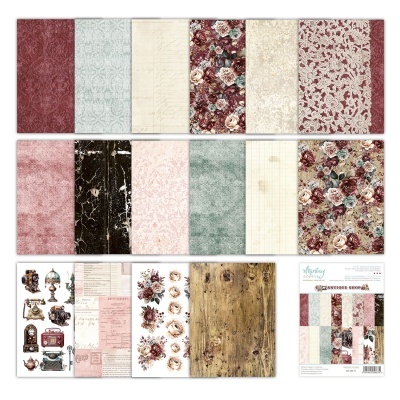 Papéis decorativos variados para scrapbooking com padrões florais, madeira, mármore e vintage