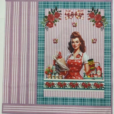 Pano de cozinha vintage com imagem de mulher e flores