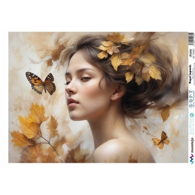 Retrato artístico de mulher com folhas de outono e borboletas