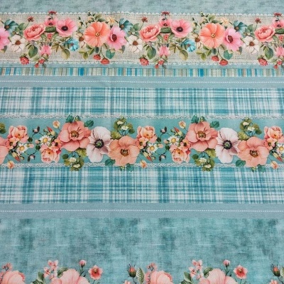 Padrão de tecido com listas florais e xadrez em tons de azul e verde