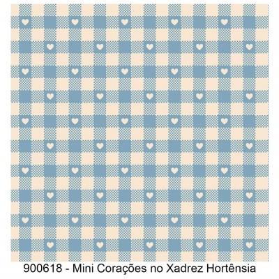tecido xadrez azul com mini corações brancos