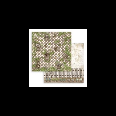 Papel decorativo com casas de pássaros e cerca de madeira num padrão acolhedor.