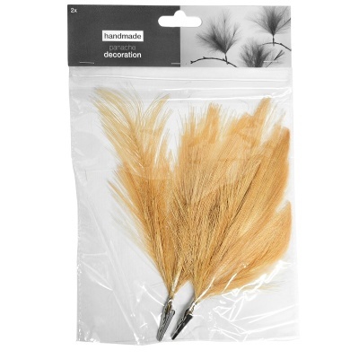 Decoração handmade com plumas douradas em clipes, embalagem transparente