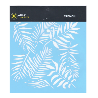 Estêncil azul claro com padrão de folhas em branco, embalagem preta com texto STENCIL