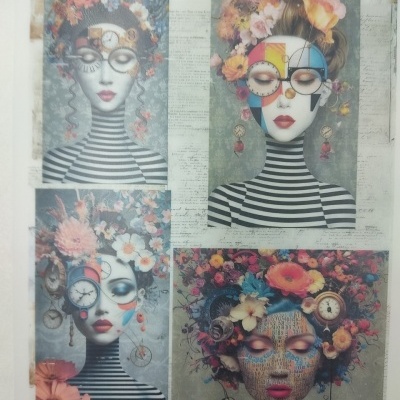 Quatro retratos femininos artísticos com óculos, flores, relógios e roupa listrada preta e branca