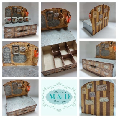 Organizador de madeira decorativo com texto relacionado a café e gavetas