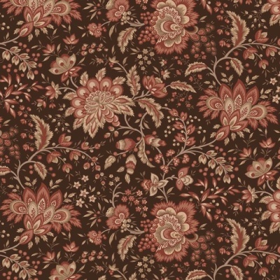 padrão floral decorativo em tecido castanho escuro com flores e folhas em tons rosa e bege