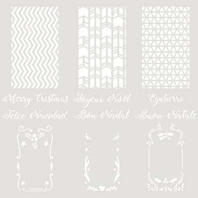 Três padrões brancos geométricos com cumprimentos de Natal em várias línguas e molduras decorativas sobre fundo cinza