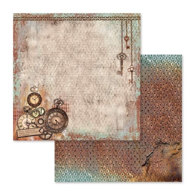 Papel decorativo vintage com relógios, correntes, chaves e padrão metálico envelhecido