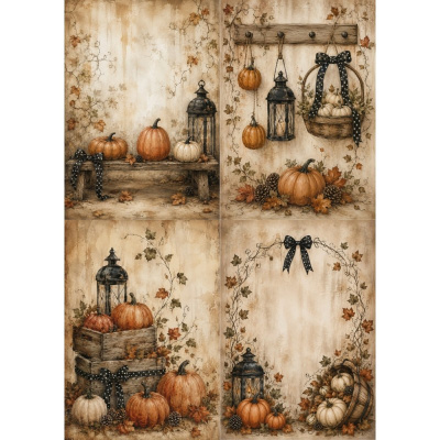 Decoração de outono com abóboras, lanternas, cestos e folhas secas em tons de bege e preto