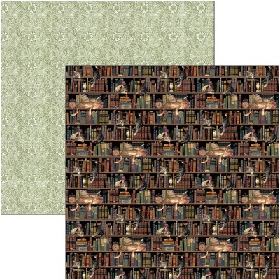 Dupla face de papel decorativo com padrões floral e estantes de livros com gatos.
